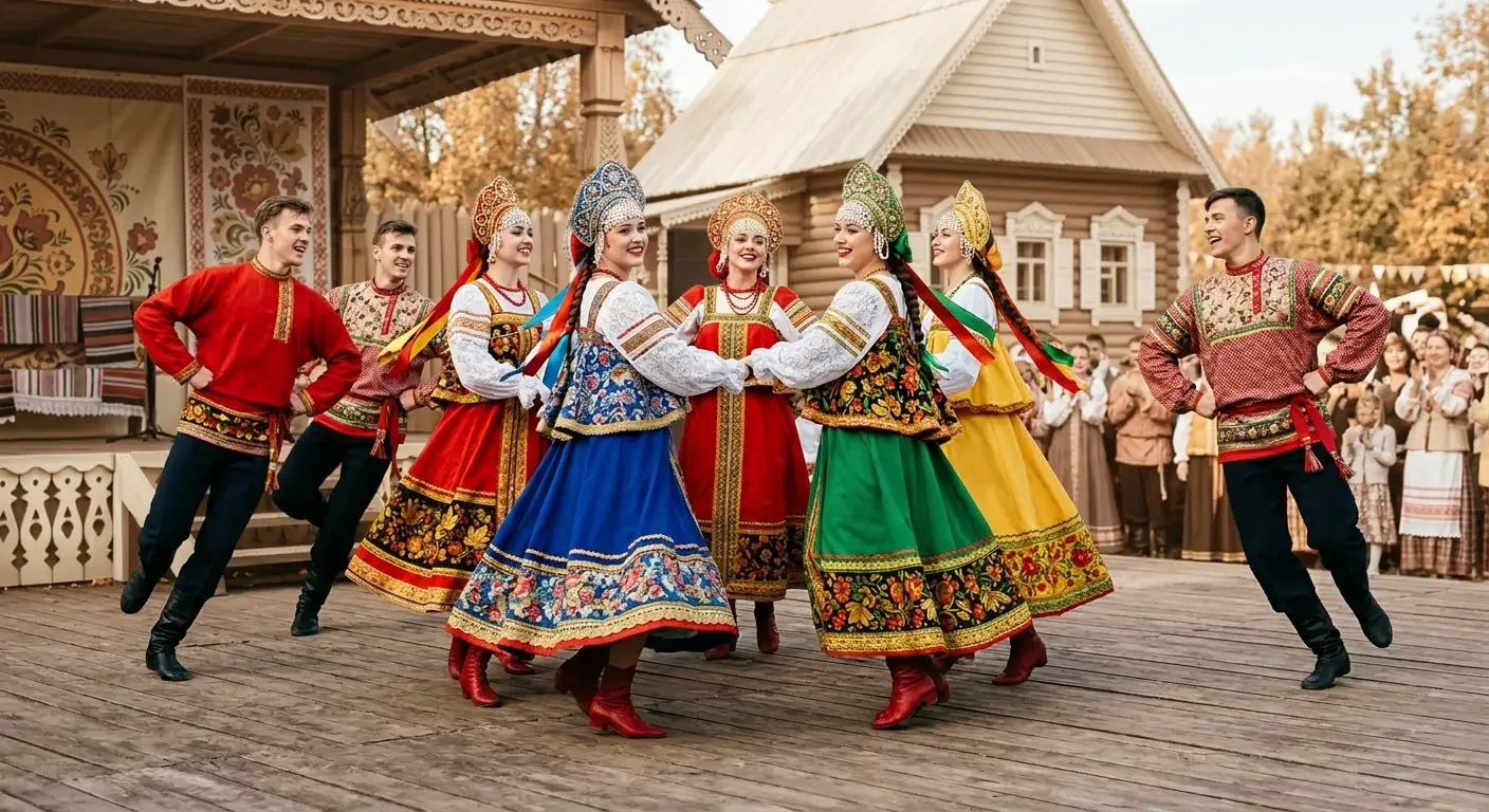 Танцевальный коллектив в сценических костюмах